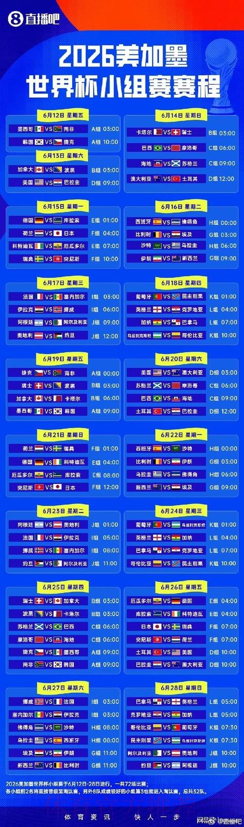 2026世界杯小组赛赛程官方发布全程直播实时查看